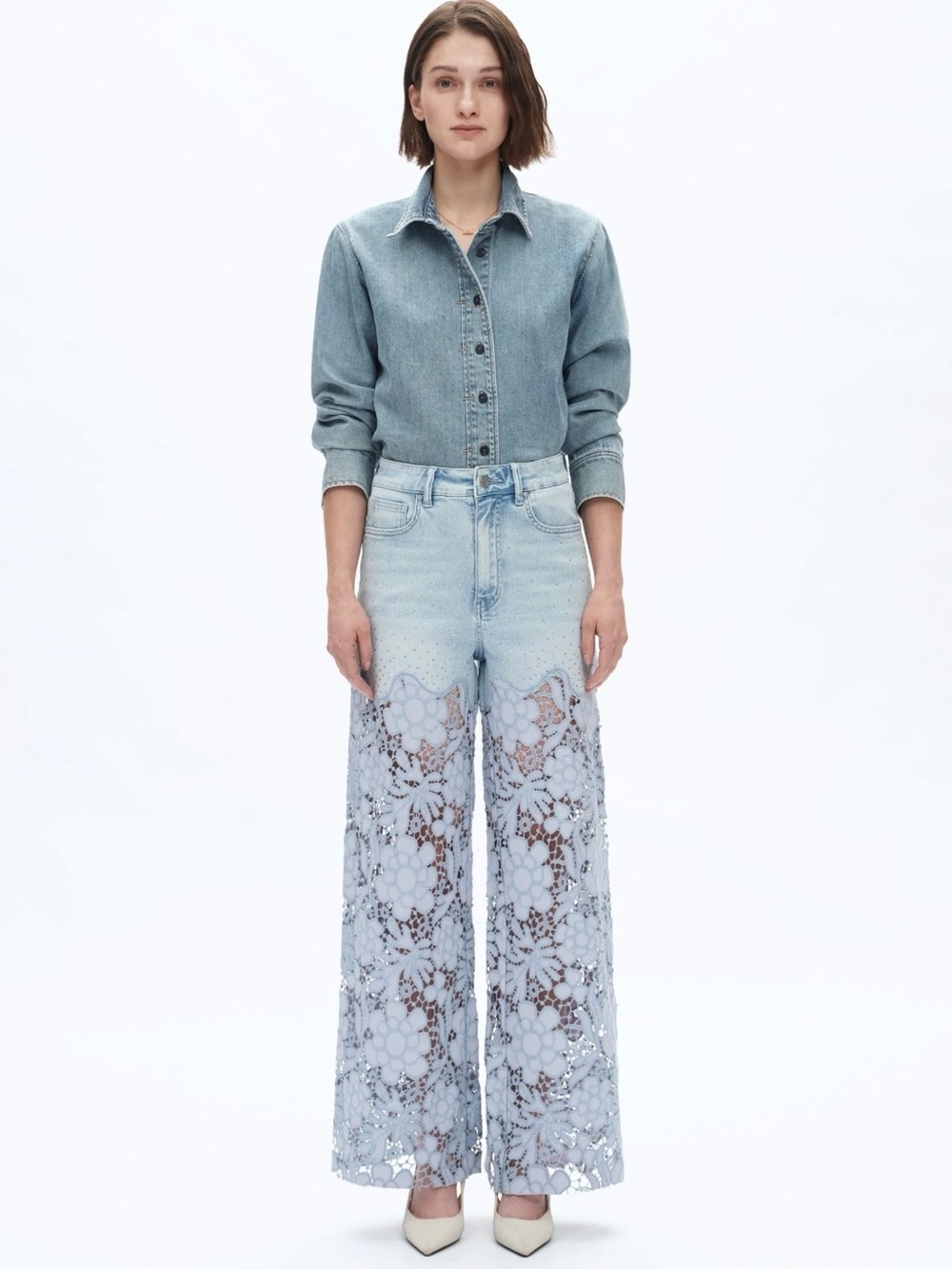 Light Blue Lace-Panel Wide-Leg Jeans - Women